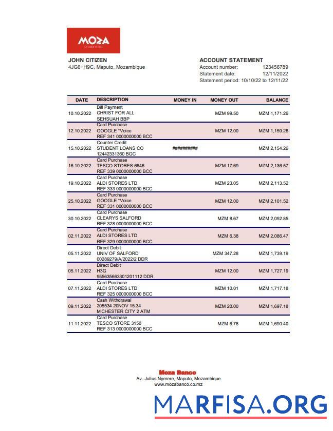 Downloadable Mozambique Moza bank statement excel example